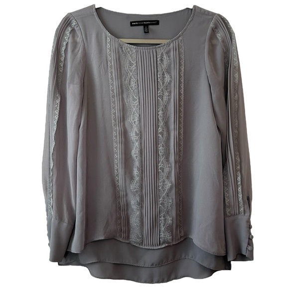 White House Black Market Women’s‎ Gray Long Sleeve Pleated Front Blouse  Sz 0 - Picture 1 of 8